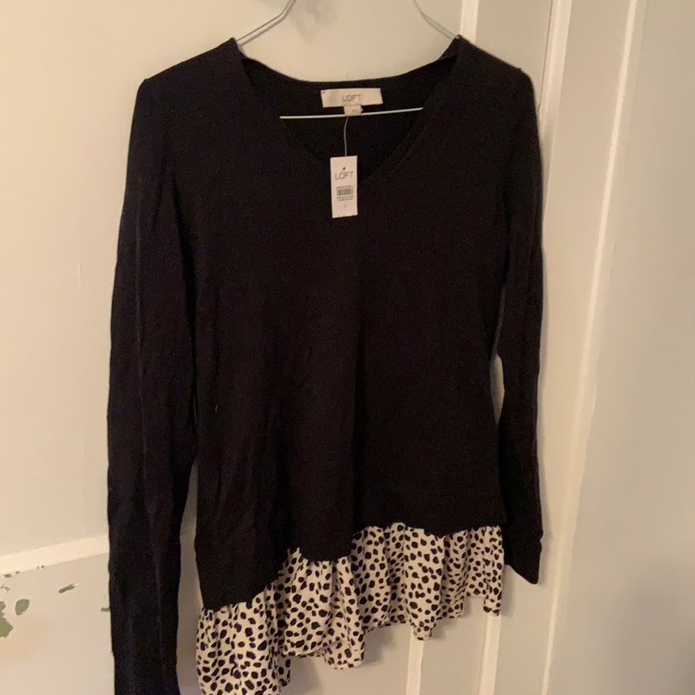 New with tags loft black v neck sweater with blouse hem on bottom